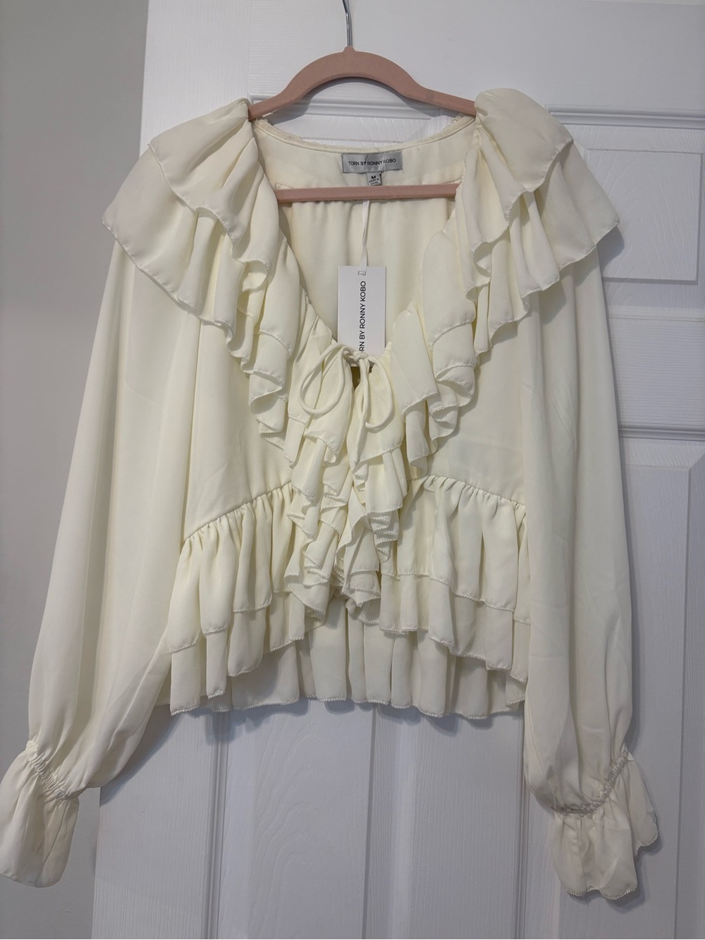 Torn by Ronny Kobo Ivory Ruffle Tie-Front Blouse